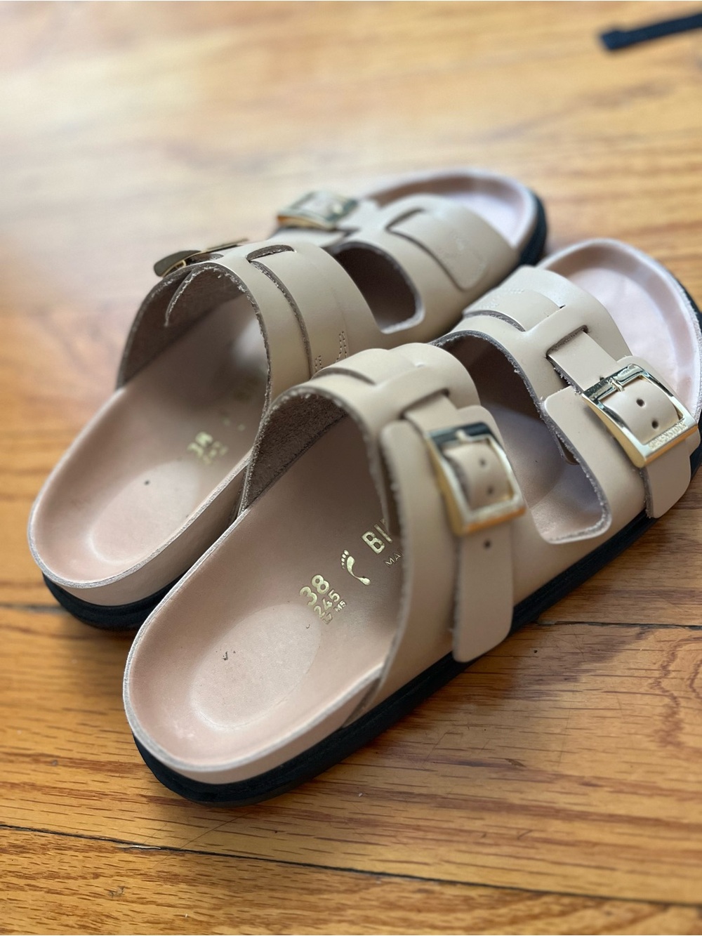 Birkenstock Pink Beige Double Buckle Slide Sandals 38
